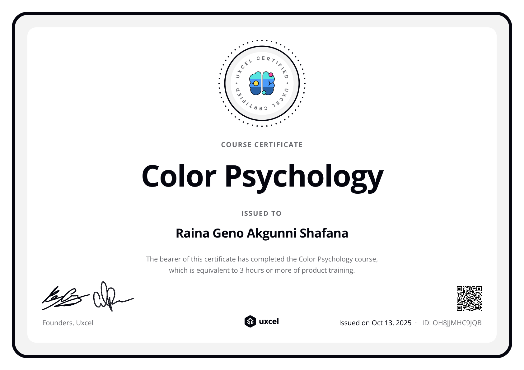 Raina Geno Akgunni Shafana's certificate